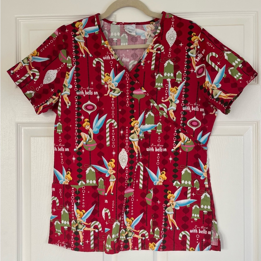 Disney Red and Green Tinkerbell Scrub Top